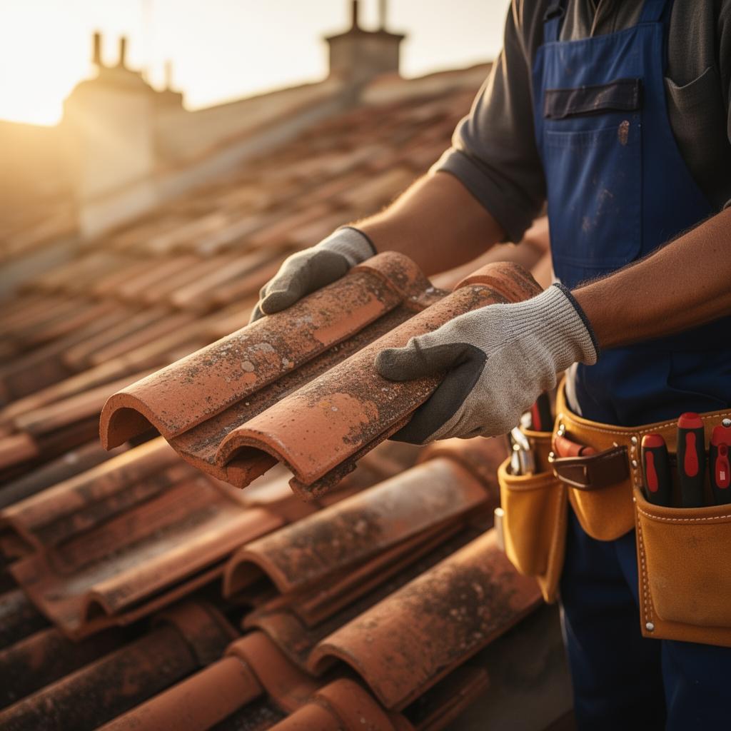 Couvreur au travail sur une toiture en tuiles