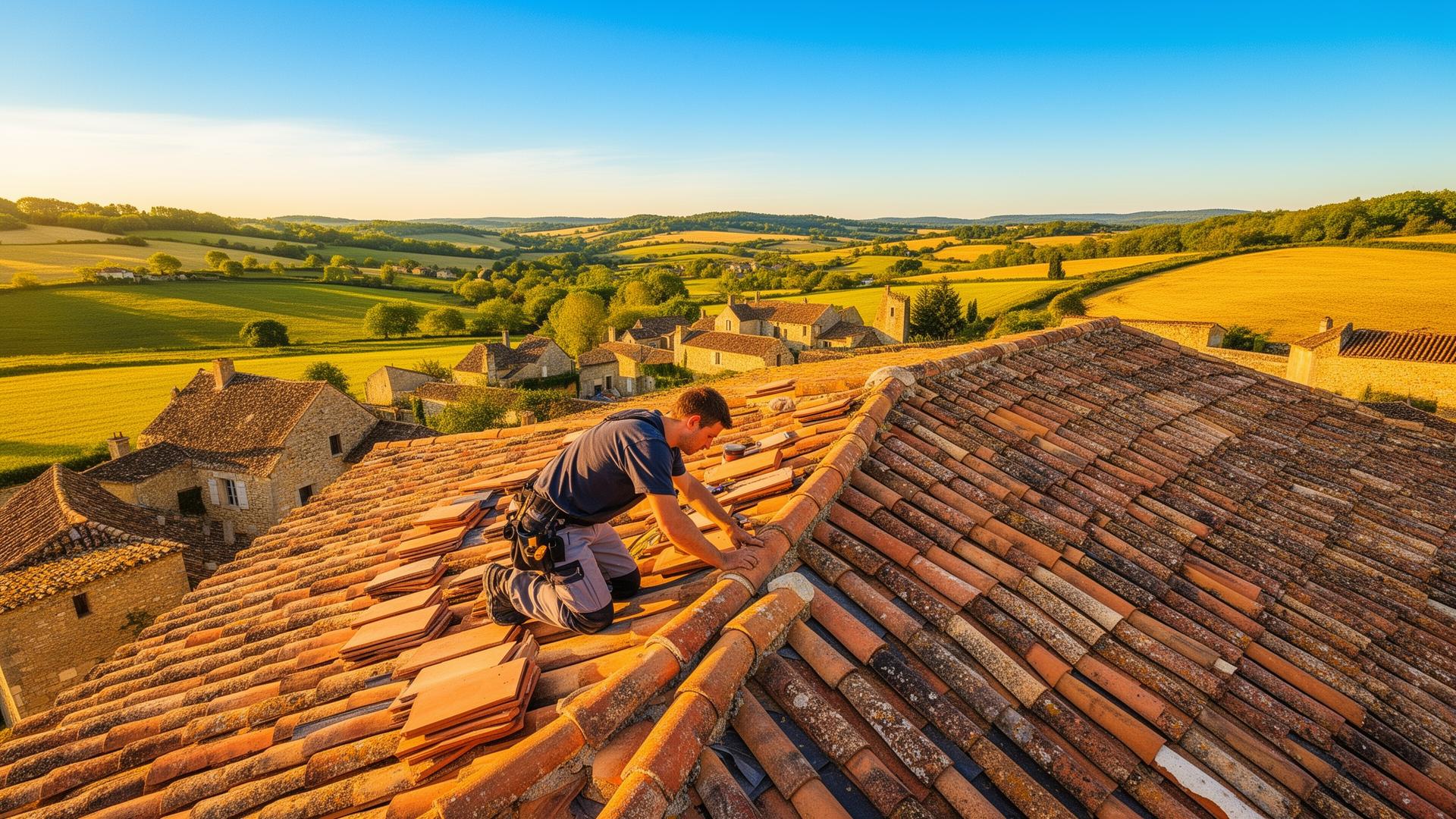 Maison en pierre avec toiture en tuiles, lumière du soir en Charente