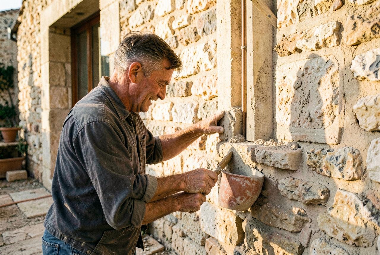 Maçonnerie de rénovation dans une rue ancienne de La Rochefoucauld